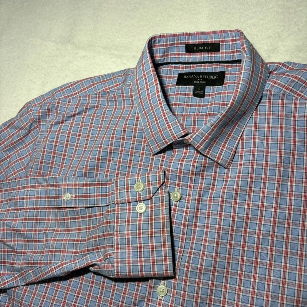 Banana Republic Mens Slim Fit Non-Iron Plaid Dress Shirt Blue Red Large‎ L